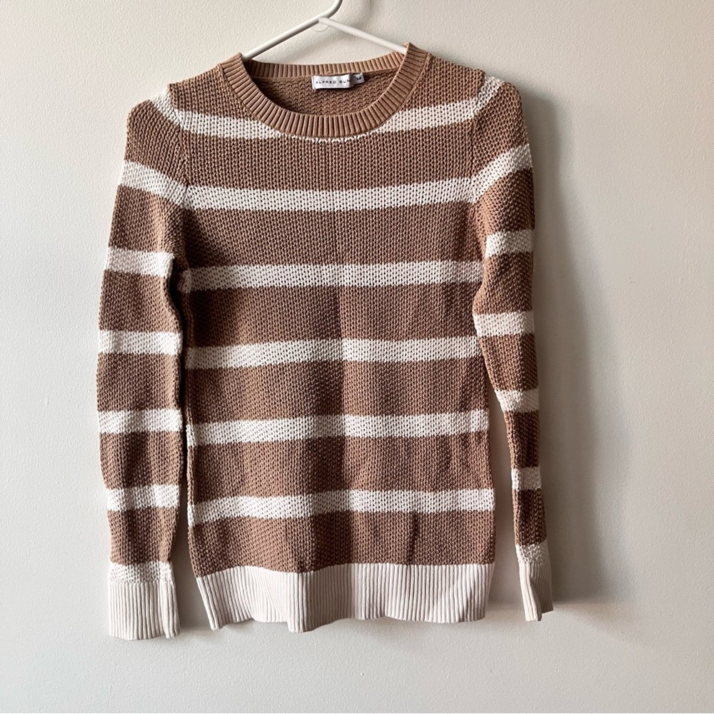 Alfred Sung Tan & White Striped Knit Sweater - Size Small